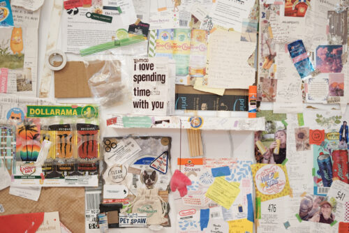 A colorful collage exhibit features ephemera encountered in everyday life, such as receipts, labels, and notes. The most prominent text reads "I love spending time with you."