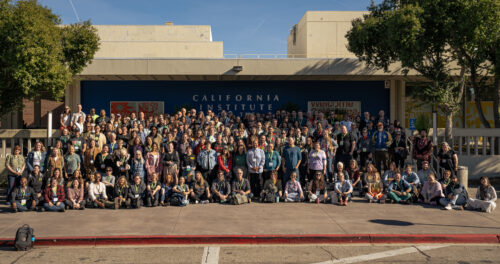 An image of VCFA current students, faculty, and staff attending residency on the campus of CalArts in Southern California