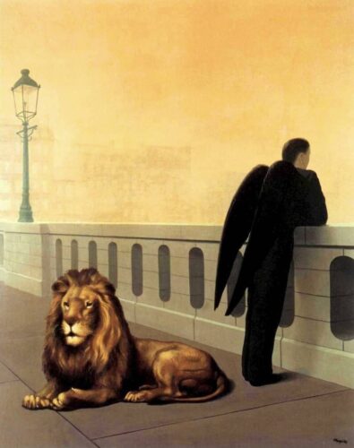 Painting "Homesickness" depicting a man with wings and a lion on a bridge 