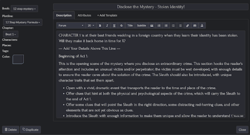 A screengrab of a Plottr page detailing how to write and plot a mystery novel.
