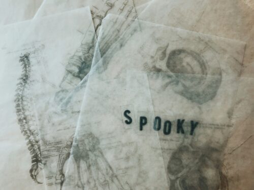 Pencil or charcoal sketches of various bones in the body with the text "spooky" are one type of thing that could be used as a horror writing prompt.