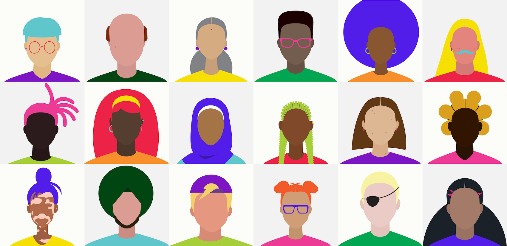 a wide range of colorful illustrated faces in a grid
