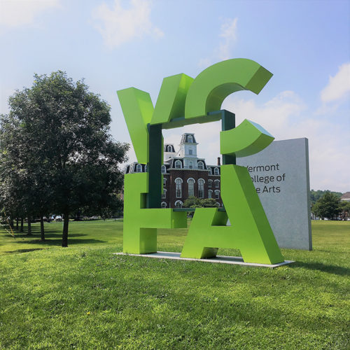 VCFA sign and College Hall
