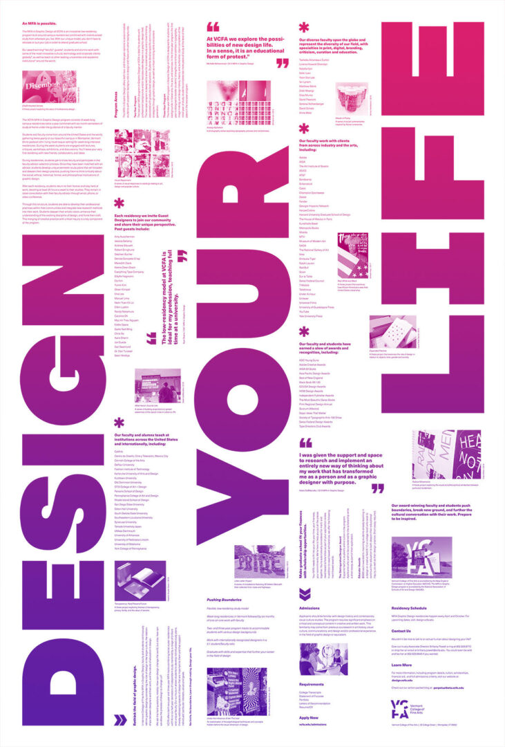 gridded, text-based poster in an ombre from purple to fuschia with largest text reading "design your life"