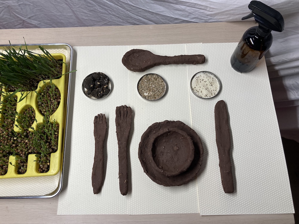 overhead view of a table setting made of earth, seeds, and other natural materials