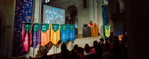 Photo of all six VCFA program banners at Colorado College